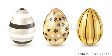 Set of smooth gold and mother-of-pearl eggs with an ornament for Easter banners, posters, postcards, designs. Set of smooth gold and mother-of-pearl eggs with an ornament for Easter banners, posters, postcards, designs. 137121647