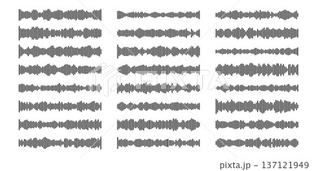 Podcast waveform icon with audio frequency lines and soundwave pattern. Modern vector design of podcast equalizer graphic for music player, radio broadcast or voice recording interface on white Podcast waveform icon with audio frequency lines and soundwave pattern. Modern vector design of podcast equalizer graphic for music player, radio broadcast or voice recording interface on white 137121949