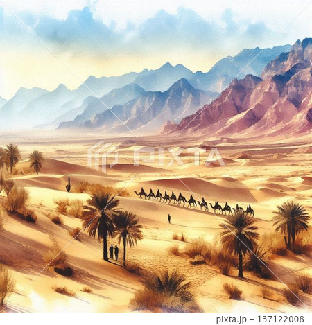 砂漠のキャラバン隊と観光客 137122008