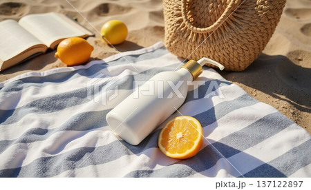 Beach picnic items including sunscreen bottle, open book, and straw bag on sand. Summer vacation relaxation concept. 137122897