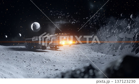 Metallic spacecraft navigating rocky asteroid belt surrounding exoplanet system, representing advanced interstellar exploration and potential cosmic colonization 137123230