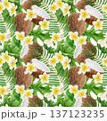 Seamless watercolor pattern with tropical monstera leaves, coconuts and white plumeria flowers. Hand painted botanical composition arranged for summer textiles, travel themes, island inspired projects 137123235