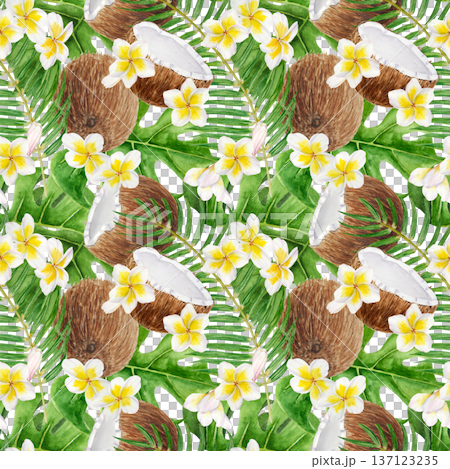 Seamless watercolor pattern with tropical monstera leaves, coconuts and white plumeria flowers. Hand painted botanical composition arranged for summer textiles, travel themes, island inspired projects 137123235