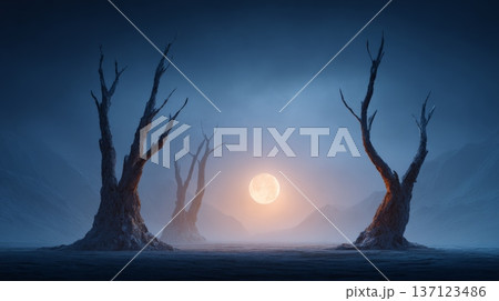Gnarled, leafless trees standing in a desolate, misty landscape at night, with a large, glowing full moon illuminating the hazy sky and distant mountains 137123486