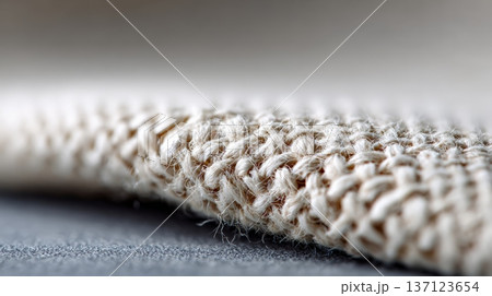 Beige macro fabric texture showing tightly woven fibers and subtle knit pattern, soft, natural surface ideal for backgrounds, textiles, home decor and product design visuals 137123654
