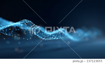 Futuristic wireframe wave of glowing particles and lines on dark blue background, visualizing digital data flow, global connectivity, ai and networked technology systems 137123655