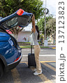 A teenager is standing next to a blue car with her luggage 137123823