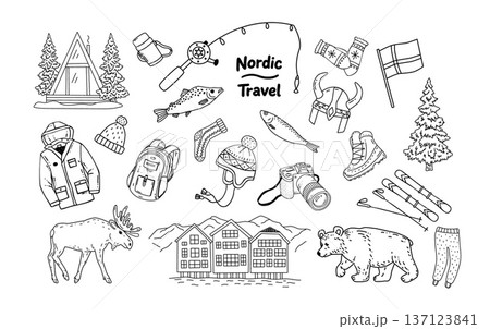 Nordic winter travel line art set with cabin clothes backpack camera skis fish elk and bear Nordic winter travel line art set with cabin clothes backpack camera skis fish elk and bear 137123841