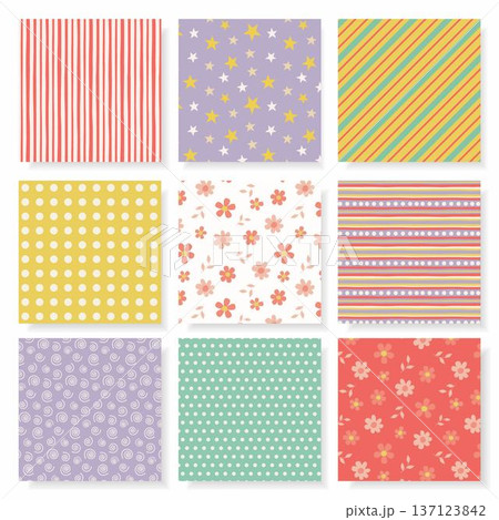Spring pastel seamless patterns set with stripes, stars, polka dots, flowers and spirals on lilac, coral, mint and yellow backgrounds, cute vector collection perfect for kids textile, wrapping paper,  137123842