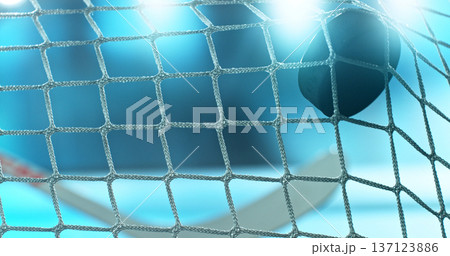 Action sports photo of a hockey puck flying into the goal net during a scoring shot, with ice particles in the air and a hockey stick visible in the background, capturing speed and intensity. 137123886