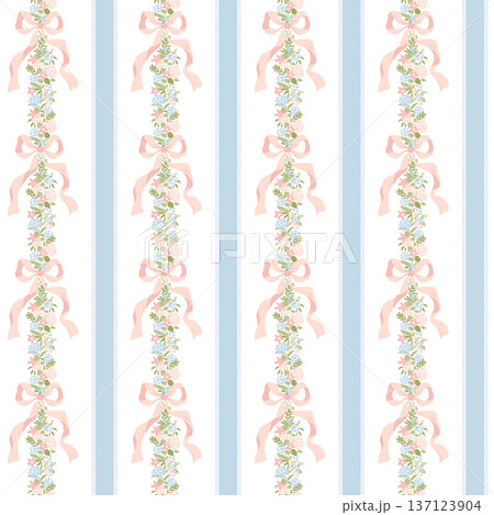 Floral striped coquette vintage seamless pattern with hydrangea flowers, ribbons, wavy stripes. Vector grandmillennial wallpaper 137123904