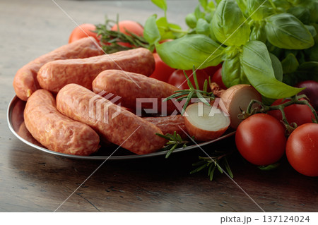 Sausages with basil and tomatoes on a old table. 137124024