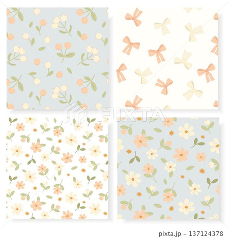 A charming vector set of four seamless patterns in soft pastel colors, featuring hand-drawn flowers, bows, and berries. Ideal for baby textiles, stationery, gift wrap, and gentle background designs. 137124378