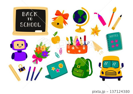 Set of school-related elements: backpack, blackboard, globe, markers, bell, bus, robot, stationery. Hand-drawn colorful vector. Great for posters, stickers, kids projects, prints, and web use. 137124380