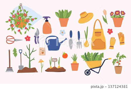 Garden tools and equipment vector set in flat cartoon style. Gardener's garden set. Vector illustration with gardening tools and accessories. Apron, gloves, cart, watering can, gardener's hat. Garden tools and equipment vector set in flat cartoon style. Gardener's garden set. Vector illustration with gardening tools and accessories. Apron, gloves, cart, watering can, gardener's hat. 137124381