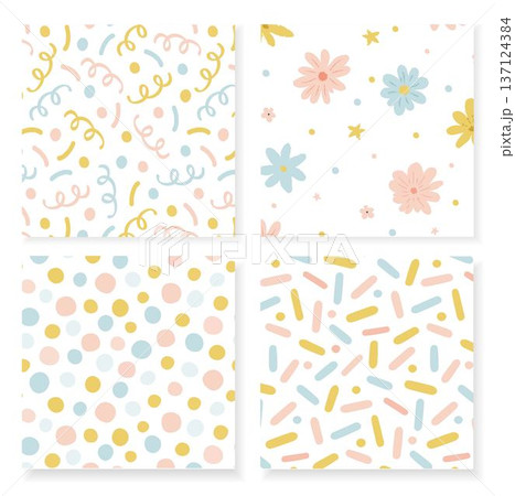 Set of four seamless children's patterns pastel pink yellow blue confetti florals stars dots on white background hand drawn vector illustration texture fabric wrapping paper wallpaper textile kid baby Set of four seamless children's patterns pastel pink yellow blue confetti florals stars dots on white background hand drawn vector illustration texture fabric wrapping paper wallpaper textile kid baby 137124384