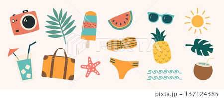Vector travel-themed illustration with colorful summer elements: plane, suitcase, bikini, passport, and tropical icons. Flat cartoon style, perfect for vacation, tourism, and lifestyle design. 137124385