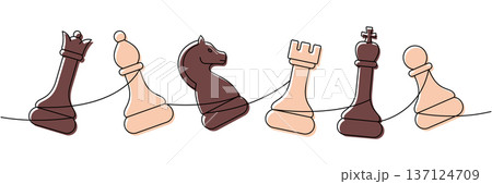 Minimalist linear chess composition with queen, bishop, knight, rook, king, and pawn connected by a single elegant line 137124709