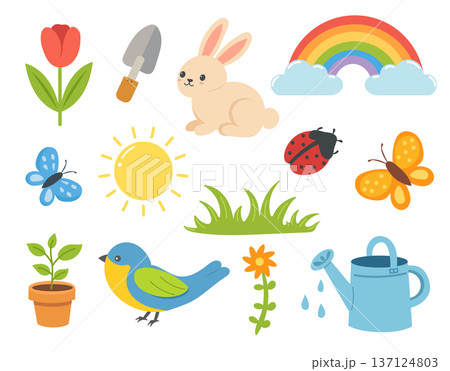 Cute spring nature elements with rabbit, rainbow, butterfly and garden tool Cute spring nature elements with rabbit, rainbow, butterfly and garden tool 137124803