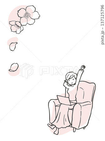 桜の花とソファで作業する女性のシンプル縦線画 137125796