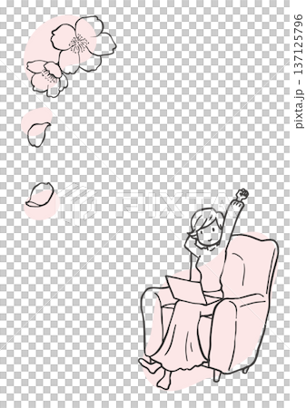 桜の花とソファで作業する女性のシンプル縦線画 137125796