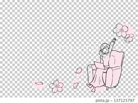 一幅簡單的線條畫，描繪了一位女子在櫻花環繞的沙發上工作。 137125797