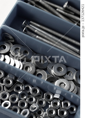 Grey Plastic Screw Box With Partitions For Nuts, Bolts And Washers Closeup View  137126421