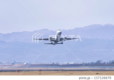 冬の仙台空港 青空と離陸中の飛行機 宮城県名取市 冬の仙台空港 青空と離陸中の飛行機 宮城県名取市 137126679