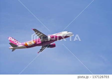 冬の仙台空港　青空と離陸中の飛行機　宮城県名取市 137126703