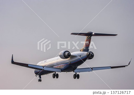 夕暮れの仙台空港　着陸中の飛行機　宮城県名取市 137126717