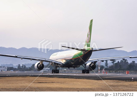 夕暮れの仙台空港　離陸中の飛行機　宮城県名取市 137126722