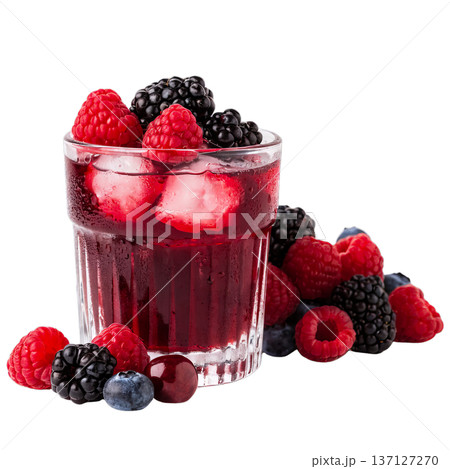 Fresh mixed berry juice with ice cubes and berries on the side 137127270