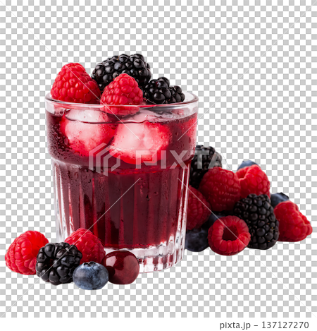 Fresh mixed berry juice with ice cubes and berries on the side 137127270
