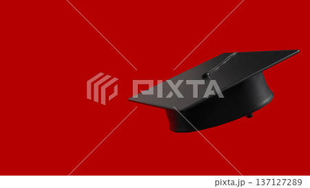 Minimal Black Graduation Cap on Red Background 3d render. Minimal Black Graduation Cap on Red Background 3d render. 137127289