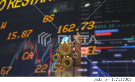 Financial Market Growth Concept with Gears and Rising Arrows 3d render. Financial Market Growth Concept with Gears and Rising Arrows 3d render. 137127309
