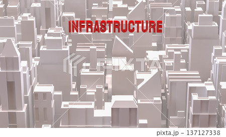 Red Infrastructure Text Over Abstract Cityscape Background 3d render. Red Infrastructure Text Over Abstract Cityscape Background 3d render. 137127338