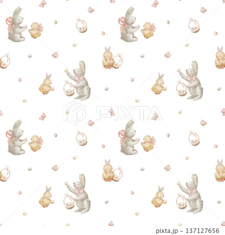 Pattern of bunnies chicks taking Easter eggs in a basket. Watercolor illustrations animals hares birds in children's style. Hand-drawn seamless print on isolated background for design spring festivals 137127656