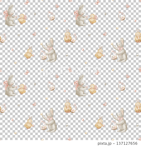 Pattern of bunnies chicks taking Easter eggs in a basket. Watercolor illustrations animals hares birds in children's style. Hand-drawn seamless print on isolated background for design spring festivals 137127656
