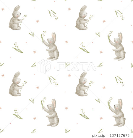 Pattern rabbits in meadow green leaves. Watercolor illustrations of hare bunny in children's style. Print flowers, hand-drawn on isolated background for summer textiles, fabrics, clothing, wallpaper Pattern rabbits in meadow green leaves. Watercolor illustrations of hare bunny in children's style. Print flowers, hand-drawn on isolated background for summer textiles, fabrics, clothing, wallpaper 137127673