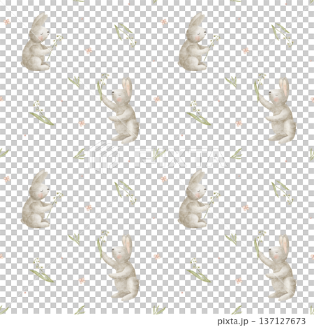 Pattern rabbits in meadow green leaves. Watercolor illustrations of hare bunny in children's style. Print flowers, hand-drawn on isolated background for summer textiles, fabrics, clothing, wallpaper Pattern rabbits in meadow green leaves. Watercolor illustrations of hare bunny in children's style. Print flowers, hand-drawn on isolated background for summer textiles, fabrics, clothing, wallpaper 137127673