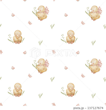 Pattern yellow chickens grass leaves, flying butterflies. Watercolor bird illustrations in childish style. Seamless spring summer print, hand-drawn on isolated background for textile design packaging Pattern yellow chickens grass leaves, flying butterflies. Watercolor bird illustrations in childish style. Seamless spring summer print, hand-drawn on isolated background for textile design packaging 137127674