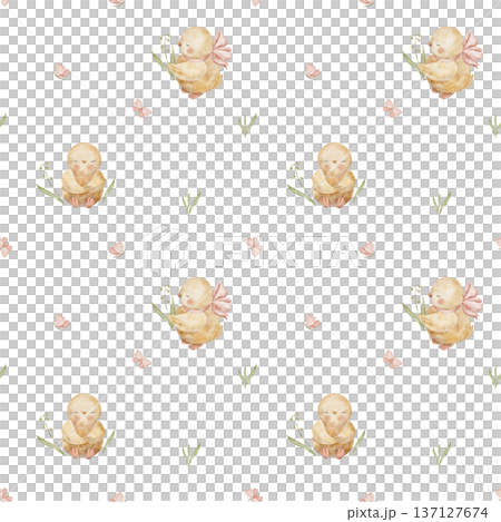 Pattern yellow chickens grass leaves, flying butterflies. Watercolor bird illustrations in childish style. Seamless spring summer print, hand-drawn on isolated background for textile design packaging Pattern yellow chickens grass leaves, flying butterflies. Watercolor bird illustrations in childish style. Seamless spring summer print, hand-drawn on isolated background for textile design packaging 137127674