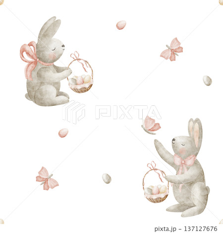 Easter bunny pattern with eggs in basket. Watercolor illustrations of hare rabbit butterfly in childish style. Seamless hand-drawn print on isolated background for textiles fabrics wallpaper packaging Easter bunny pattern with eggs in basket. Watercolor illustrations of hare rabbit butterfly in childish style. Seamless hand-drawn print on isolated background for textiles fabrics wallpaper packaging 137127676