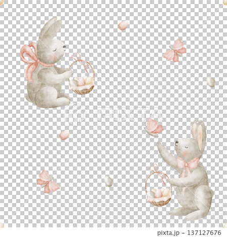 Easter bunny pattern with eggs in basket. Watercolor illustrations of hare rabbit butterfly in childish style. Seamless hand-drawn print on isolated background for textiles fabrics wallpaper packaging 137127676