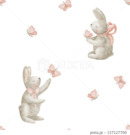 Pattern of rabbits in pink bow with butterflies. Watercolor illustrations animals hares in children's style. Seamless spring summer print hand-drawn on isolated background for design fabrics wallpaper Pattern of rabbits in pink bow with butterflies. Watercolor illustrations animals hares in children's style. Seamless spring summer print hand-drawn on isolated background for design fabrics wallpaper 137127700