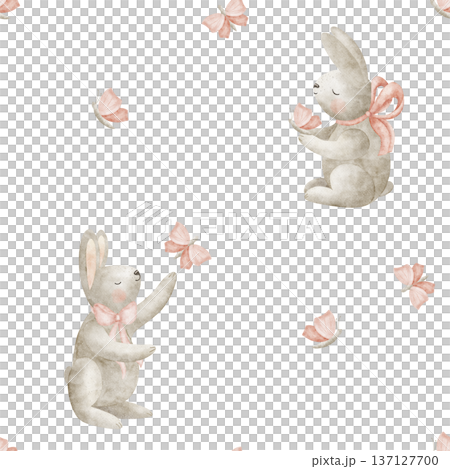 Pattern of rabbits in pink bow with butterflies. Watercolor illustrations animals hares in children's style. Seamless spring summer print hand-drawn on isolated background for design fabrics wallpaper Pattern of rabbits in pink bow with butterflies. Watercolor illustrations animals hares in children's style. Seamless spring summer print hand-drawn on isolated background for design fabrics wallpaper 137127700