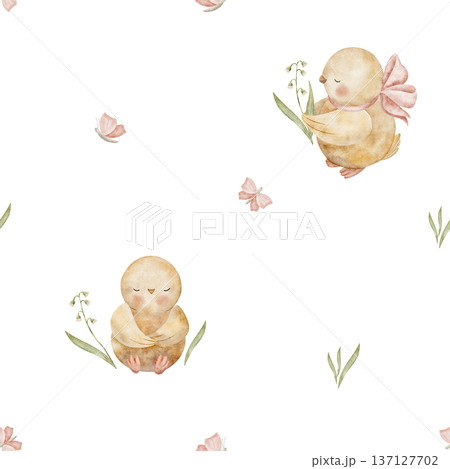 Pattern yellow chickens grass leaves, flying butterflies. Watercolor bird illustrations in childish style. Seamless spring summer print, hand-drawn on isolated background for textile design packaging Pattern yellow chickens grass leaves, flying butterflies. Watercolor bird illustrations in childish style. Seamless spring summer print, hand-drawn on isolated background for textile design packaging 137127702