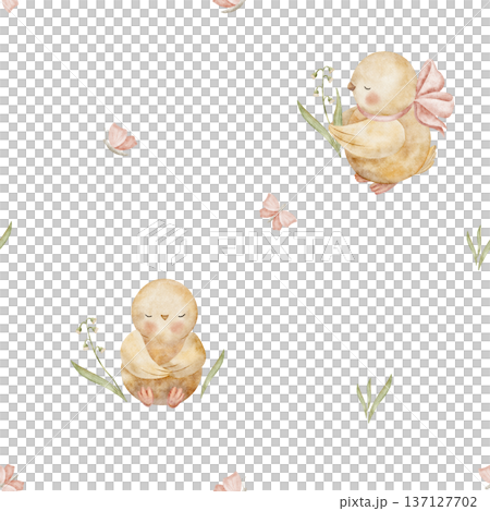 Pattern yellow chickens grass leaves, flying butterflies. Watercolor bird illustrations in childish style. Seamless spring summer print, hand-drawn on isolated background for textile design packaging Pattern yellow chickens grass leaves, flying butterflies. Watercolor bird illustrations in childish style. Seamless spring summer print, hand-drawn on isolated background for textile design packaging 137127702