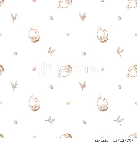 Easter egg pattern in basket with bunny ears. Watercolor illustrations in children's style. Seamless hand-drawn print on an isolated background for textiles, fabrics, clothing, wallpaper, packaging Easter egg pattern in basket with bunny ears. Watercolor illustrations in children's style. Seamless hand-drawn print on an isolated background for textiles, fabrics, clothing, wallpaper, packaging 137127707