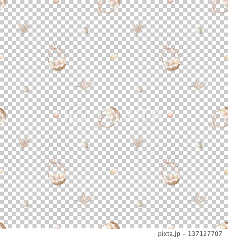 Easter egg pattern in basket with bunny ears. Watercolor illustrations in children's style. Seamless hand-drawn print on an isolated background for textiles, fabrics, clothing, wallpaper, packaging Easter egg pattern in basket with bunny ears. Watercolor illustrations in children's style. Seamless hand-drawn print on an isolated background for textiles, fabrics, clothing, wallpaper, packaging 137127707